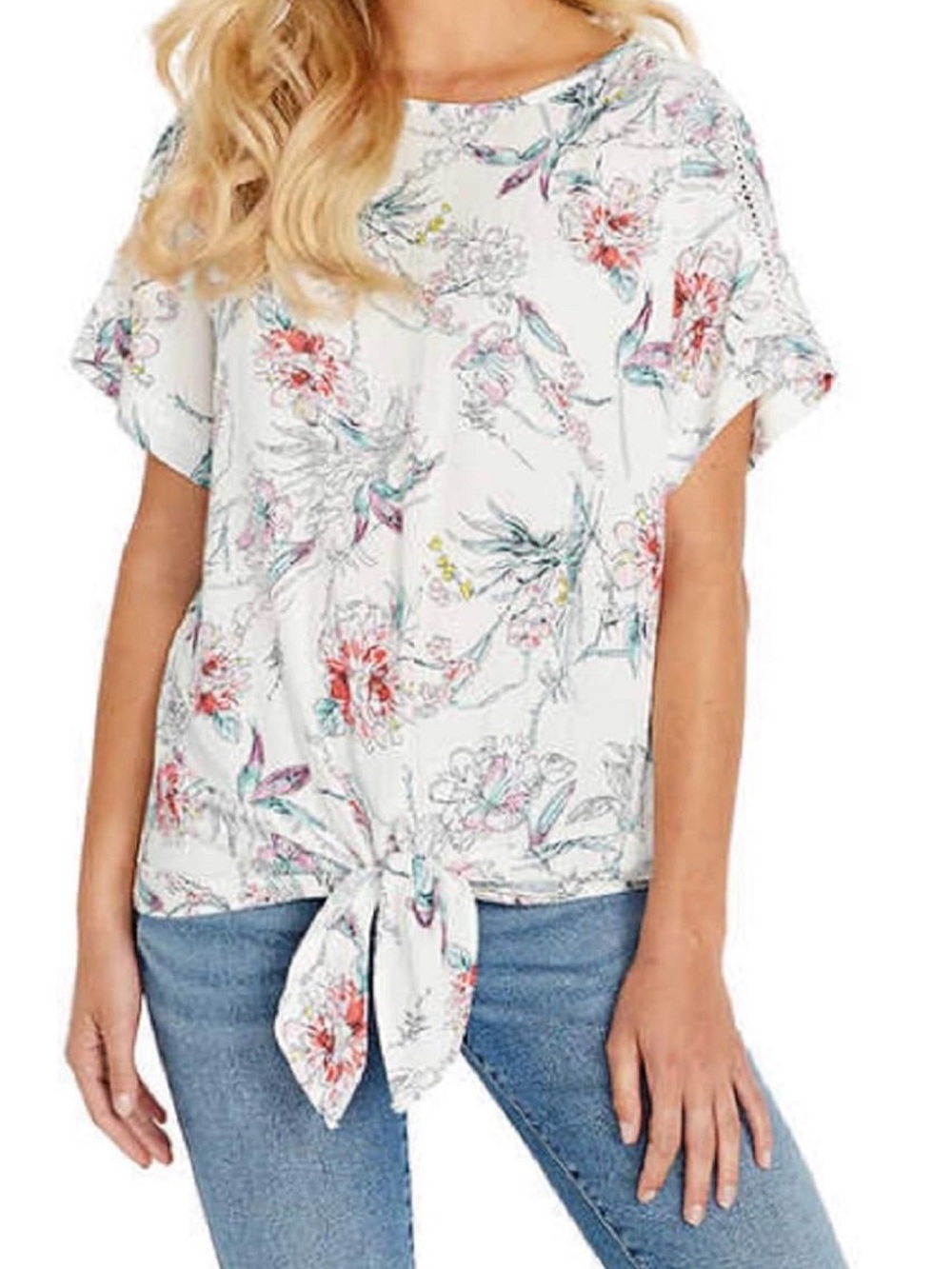 Buffalo David Bitton White Floral Tie-Front Crop Top with lace accents